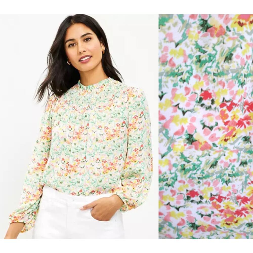 LOFT Garden Floral Smocked Yoke Blouson Sleeve Chiffon Blouse Long Sleeve XXL
